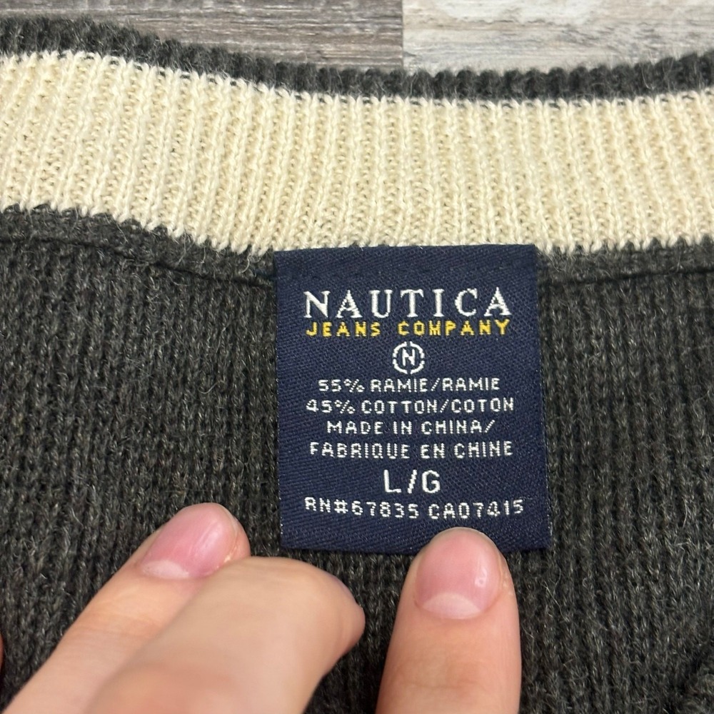 Vintage Y2K Nautica Jeans Grey Mens L Chest Stripe V-Neck Knit Pullover Sweater - Picture 4 of 8